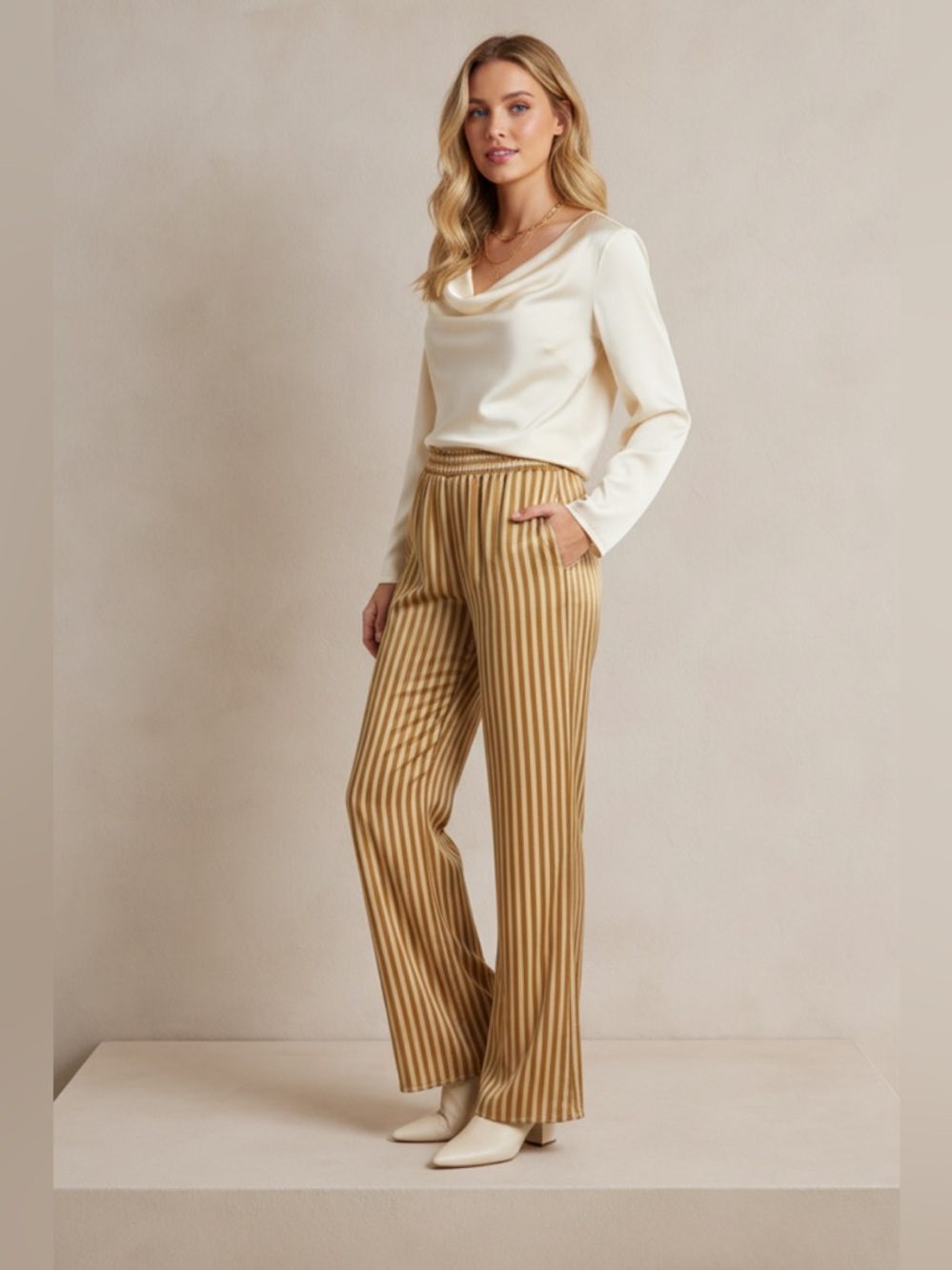 THE RIVIERA STRIPES WIDE LEG SATIN PANTS ( Gold )